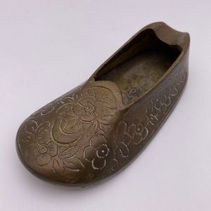 Vintage Ankora Brass Slipper Incense Burner Ashtray Etched Floral Pattern